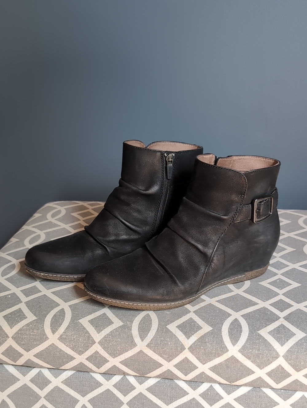 Dansko Black Leather Wedge Ankle Booties with Buckle